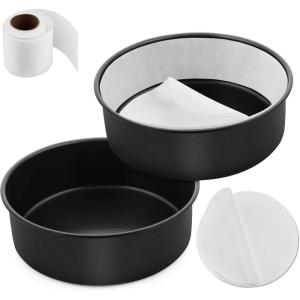E-far 8 Inch Cake Pans Set of 2, Nonstick Stainless Steel Small Round Baking Pans with Parchment Paper & Side Liner Roll, Stainless Steel Core & Non-toxic Coating, Straight Side & 2 Inch Deep(6 Inches)