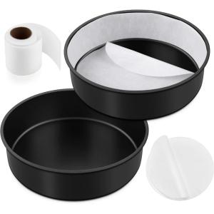 E-far 8 Inch Cake Pans Set of 2, Nonstick Stainless Steel Small Round Baking Pans with Parchment Paper & Side Liner Roll, Stainless Steel Core & Non-toxic Coating, Straight Side & 2 Inch Deep(9.5 Inches)