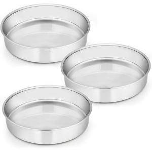 E-far 9½ Inch Cake Pan Set of 3, Stainless Steel Round Cake Baking Pans, Non-Toxic & Healthy, Mirror Finish & Dishwasher Safe(9½ inch)