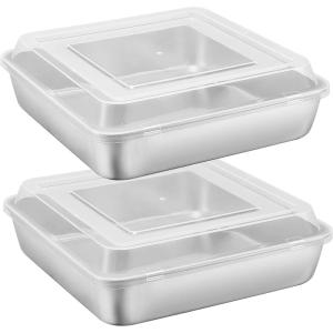 E-far 9 Inch Square Cake Pan with lid, 9×9 Baking Brownie Pans Stainless Steel Bakeware Set of 2, Non-toxic & Healthy, Easy Clean & Dishwasher Safe – 4 Pieces(2 Pans + 2 Lids)(4)