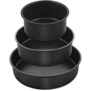 E-far 9.5 Inch Cake Pan Set of 3, Nonstick Round Baking Layer Cake Pans, Stainless Steel Core & Non-Toxic Coating, 2 Inch Deep (Black)(4-6-8 Inches)