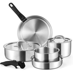 E-far 9pcs Stainless Steel Cookware Set, 3-Ply Pots and Pans Set w/Detachable Handle & Lid, Induction Cookware Kitchen Cooking Set for RV Camping, Nontoxic Whole Clad Frying/Saute/Sauce Pan, Oven Safe