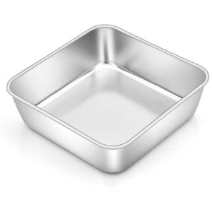 E-far 9×9 Inch Square Cake Pan, Stainless Steel Baking Pan for Lasagna Brownies Casseroles, Silver Square Bakeware for Oven Cooking, Non-Toxic & Rust Free, Dishwasher Safe, 2 Inch deep(1)