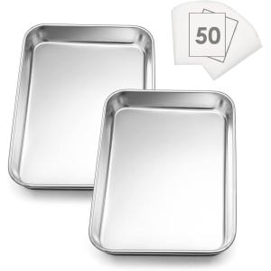E-far Baking Cookie Sheet Set of 2, 16”x12” Stainless Steel Baking Sheet Pan with 50 Parchment Paper, Rectangle Baking Tray for Cooking Roasting, Rust Free & Heavy Duty, Oven & Dishwasher Safe(2)
