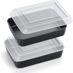 E-far Baking Pan with Lid, 9.75 x 12.5 x 2 Inch Nonstick Rectangle Cake Pans with Covers, 2 Sheet Pans Bakeware and 2 Lids for Brownies Cakes, Non-toxic & Stainless Steel Core, 2 Inch Deep(9.4x7x2 Inches)