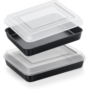 E-far Baking Pan with Lid, 9.75 x 12.5 x 2 Inch Nonstick Rectangle Cake Pans with Covers, 2 Sheet Pans Bakeware and 2 Lids for Brownies Cakes, Non-toxic & Stainless Steel Core, 2 Inch Deep(10.4x8x2 Inches)