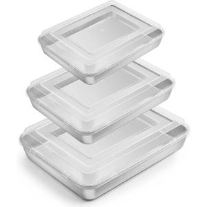E-far Baking Pan with Lid(12.4/10.4/9.4 inch), Stainless Steel Rectangular Sheet Cake Pans with Cover, Metal Bakeware Sets for Lasagna Casseroles Brownie, Non-toxic & Dishwasher Safe – 3 Pans + 3 Lids