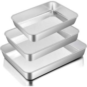 E-far Baking Pans Set of 3, Stainless Steel Sheet Cake Pan for Oven – 12.5/10.5/9.4Inch, Rectangle Bakeware Set for Cake Lasagna Brownie Casserole Cookie, Non-toxic & Healthy, Dishwasher Safe(Flat bottom)