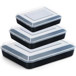 E-far Baking Pans with Lids Set of 3, Nonstick Sheet Cake Pan for Oven Lasagna Brownie Casserole – 12.5/10.5/9.4Inch, Rectangle Metal Bakeware Set, Stainless Steel Core – 6 Pieces(3 Pans + 3 Covers)