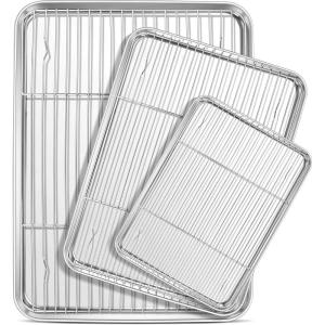 E-far Baking Sheet with Cooling Rack Set (3 Pans + 3 Racks), 16/12.5/9.3 Inch Stainless Steel Cookie Sheets Baking Pans and Wire Rack for Oven, Non Toxic & Easy Clean