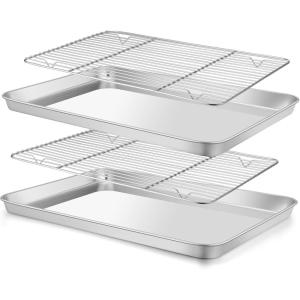 E-far Baking Sheet with Wire Rack (2 Pans + 2 Racks), Stainless Steel Cookie Sheets Pan & Cooling Rack for Baking Cookies Cake, Non Toxic & Heavy Duty, Oven & Dishwasher Safe, 12.4 x 9.7 x 1 Inch(16”x12”)