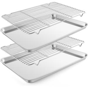 E-far Baking Sheet with Wire Rack (2 Pans + 2 Racks), Stainless Steel Cookie Sheets Pan & Cooling Rack for Baking Cookies Cake, Non Toxic & Heavy Duty, Oven & Dishwasher Safe, 12.4 x 9.7 x 1 Inch(17.7”x13”)
