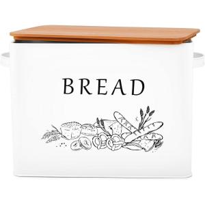 E-far Bread Box for Kitchen Countertop, Metal Bread Storage Container Bin with Bamboo Lid for Cutting Bread, Extra Large & Farmhouse Style, 13” x 7.2” x9.8”, Black(White)