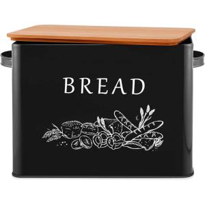 E-far Bread Box for Kitchen Countertop, Metal Bread Storage Container Bin with Bamboo Lid for Cutting Bread, Extra Large & Farmhouse Style, 13” x 7.2” x9.8”, Black(Black)