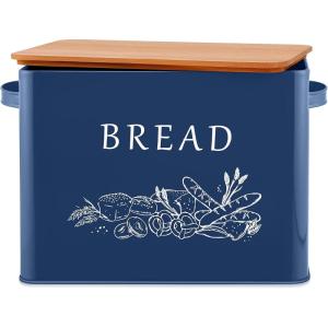 E-far Bread Box for Kitchen Countertop, Metal Bread Storage Container Bin with Bamboo Lid for Cutting Bread, Extra Large & Farmhouse Style, 13” x 7.2” x9.8”, Black(Navy Blue)