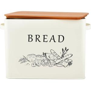 E-far Bread Box for Kitchen Countertop, Metal Bread Storage Container Bin with Bamboo Lid for Cutting Bread, Extra Large & Farmhouse Style, 13” x 7.2” x9.8”, Black(Cream)