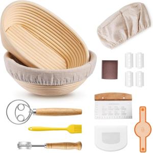 E-far Bread Proofing Basket, 9 Inch Round and 10 Inch Oval Sourdough Bread Baking Supplies, Complete Sourdough Starter Kit for Beginners(9”Round & 10”Oval)