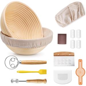 E-far Bread Proofing Basket, 9 Inch Round and 10 Inch Oval Sourdough Bread Baking Supplies, Complete Sourdough Starter Kit for Beginners(9”Round & 9”Round)