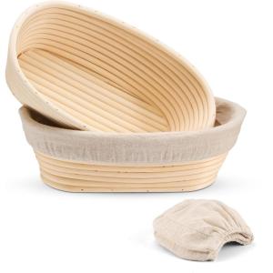 E-far Bread Proofing Basket Set of 2, 9 Inch Round Dough Bowls for Rising, Sourdough Bread Baking Supplies with Liners for Home and Professional Baking(Oval)