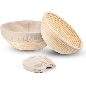 E-far Bread Proofing Basket Set of 2, 9 Inch Round Dough Bowls for Rising, Sourdough Bread Baking Supplies with Liners for Home and Professional Baking(Round)