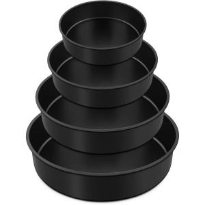 E-far Cake Pan Set of 4 (4 inch/6 inch/8 inch/9½ inch), Nonstick Round Baking Cake Pans for Tier Birthday Wedding Cake, Stainless Steel Core & Non-Toxic Coating, 2 Inch Deep (Black)