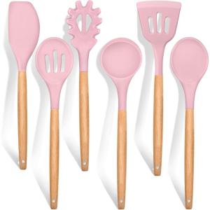 E-far Cooking Utensils Set of 6, Silicone Kitchen Utensils with Wooden Handle, Non-stick Cookware Friendly & Heat Resistant, Includes Spatula/Ladle/Slotted Turner/Serving Spoon/Spaghetti Server(Gray)(Pink)