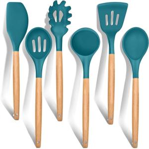 E-far Cooking Utensils Set of 6, Silicone Kitchen Utensils with Wooden Handle, Non-stick Cookware Friendly & Heat Resistant, Includes Spatula/Ladle/Slotted Turner/Serving Spoon/Spaghetti Server(Gray)(Teal Blue)