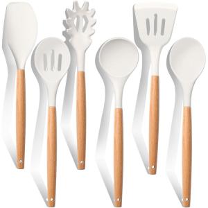 E-far Cooking Utensils Set of 6, Silicone Kitchen Utensils with Wooden Handle, Non-stick Cookware Friendly & Heat Resistant, Includes Spatula/Ladle/Slotted Turner/Serving Spoon/Spaghetti Server(Gray)(White)