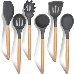 E-far Cooking Utensils Set of 6, Silicone Kitchen Utensils with Wooden Handle, Non-stick Cookware Friendly & Heat Resistant, Includes Spatula/Ladle/Slotted Turner/Serving Spoon/Spaghetti Server(Gray)(Gray)