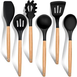 E-far Cooking Utensils Set of 6, Silicone Kitchen Utensils with Wooden Handle, Non-stick Cookware Friendly & Heat Resistant, Includes Spatula/Ladle/Slotted Turner/Serving Spoon/Spaghetti Server(Gray)(Black)