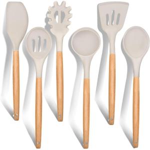 E-far Cooking Utensils Set of 6, Silicone Kitchen Utensils with Wooden Handle, Non-stick Cookware Friendly & Heat Resistant, Includes Spatula/Ladle/Slotted Turner/Serving Spoon/Spaghetti Server(Gray)(Khaki)