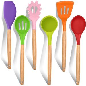 E-far Cooking Utensils Set of 6, Silicone Kitchen Utensils with Wooden Handle, Non-stick Cookware Friendly & Heat Resistant, Includes Spatula/Ladle/Slotted Turner/Serving Spoon/Spaghetti Server(Gray)(Multicolor)