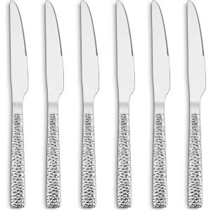 E-far Dinner Knives Set of 6, 8.9 Inch Stainless Steel Serrated Steak Butter Knife for Home Kitchen Restaurant, Modern Design & Square Edge, Mirror Finish & Dishwasher Safe(Hammered Square Edge)