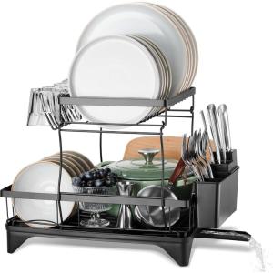 E-far Dish Drying Rack for Kitchen Counter, 2 Tier Small Dish Drainer Drying Rack, 16.7″ x 11.8″ x 13.9″ Metal Organizer with Drainboard and Utensil Holder, Large Capacity & Space Saving, Black