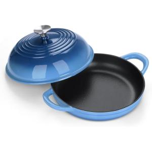E-far Dutch Oven for Sourdough Bread Baking, 6 Qt Round Enameled Cast Iron Dutch Oven for Homemade Artisan Bread, Dome Lid & Shallow Base, Matte Black Interior & Durable, Oven-Safe to 500℉, Blue(Blue)