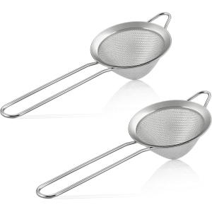 E-far Fine Mesh Strainer Set of 2, 3.3 Inches Stainless Steel Tea Strainer with Long Handle, Small Conical Mesh Strainers Sieve for Cocktail Coffee Food, Rust Proof & Easy to Clean (Silver)(Silver-2)