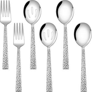E-far Hammered Serving Utensils Set of 6, Stainless Steel 8.7 Inch Square Hostess Serving Set, Metal Serving Spoon Slotted Spoons Forks for Party Buffet Catering, Mirror Finished & Dishwasher Safe