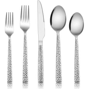 E-far Hammered Silverware Set, 40-Piece Stainless Steel Square Flatware Set for 8, Metal Tableware Cutlery Set Includes Dinner Knives/Forks/Spoons, Modern Design & Mirror Polished – Dishwasher Safe(10-Piece for 2)