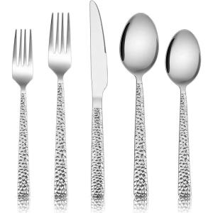 E-far Hammered Silverware Set, 40-Piece Stainless Steel Square Flatware Set for 8, Metal Tableware Cutlery Set Includes Dinner Knives/Forks/Spoons, Modern Design & Mirror Polished – Dishwasher Safe(50-Piece for 10)