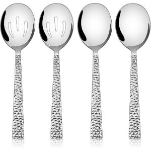 E-far Hammered Slotted Serving Spoons, 4-Piece Stainless Steel Tablespoons Hostess Serving Utensils Set for Catering Buffet Party Wedding Kitchen Restaurant, Dishwasher Safe(4-Piece Serving Spoons Set)