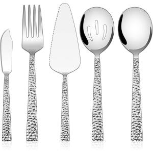 E-far Hammered Slotted Serving Spoons, 4-Piece Stainless Steel Tablespoons Hostess Serving Utensils Set for Catering Buffet Party Wedding Kitchen Restaurant, Dishwasher Safe(5-Piece Serving Utensils Set)