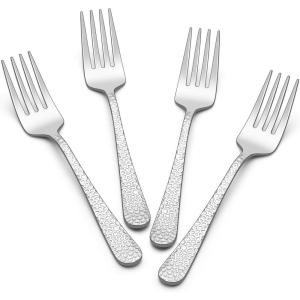 E-far Hammered Slotted Serving Spoons, 4-Piece Stainless Steel Tablespoons Hostess Serving Utensils Set for Catering Buffet Party Wedding Kitchen Restaurant, Dishwasher Safe(4-Piece Serving Forks Set)