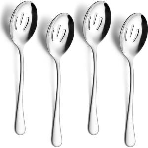 E-far Large Serving Utensils Set of 4, 9.8 Inch Stainless Steel Serving Spoons & Serving Forks, Big Hostess Set for Buffet Party Catering Wedding Kitchen Restaurant, Dishwasher Safe(Slotted Spoons)