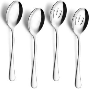 E-far Large Serving Utensils Set of 4, 9.8 Inch Stainless Steel Serving Spoons & Serving Forks, Big Hostess Set for Buffet Party Catering Wedding Kitchen Restaurant, Dishwasher Safe(Solid & Slotted Spoons)