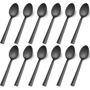 E-far Matte Black Dinner Spoons Set of 12, 7.9 Inch Stainless Steel Soup Spoons Tablespoons for Home, Kitchen or Restaurant, Squared Edge & Dishwasher Safe(7.9 Inches(Black))