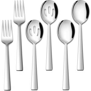 E-far Matte Black Serving Utensils Set of 6, Stainless Steel 8.7 Inch Hostess Serving Set Including MetalSlotted Spoons Forks for Party Buffet Catering, Square Edge & Rust Free(Silver)