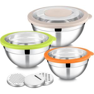 E-far Mixing Bowls Set of 5, Stainless Steel Salad Mixing Bowl with Transparent Lid, Metal Nesting Bowl Attach with 3 Graters for Kitchen Prepping/Serving/Baking/Storage, 4.6/2.6/1.5/1/0.7 QT – Black(Colorful)