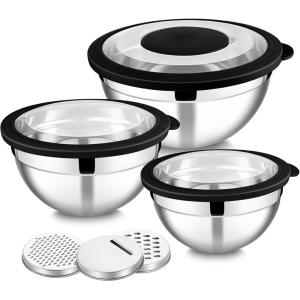 E-far Mixing Bowls Set of 5, Stainless Steel Salad Mixing Bowl with Transparent Lid, Metal Nesting Bowl Attach with 3 Graters for Kitchen Prepping/Serving/Baking/Storage, 4.6/2.6/1.5/1/0.7 QT – Black(Black)