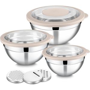 E-far Mixing Bowls Set of 5, Stainless Steel Salad Mixing Bowl with Transparent Lid, Metal Nesting Bowl Attach with 3 Graters for Kitchen Prepping/Serving/Baking/Storage, 4.6/2.6/1.5/1/0.7 QT – Black(Khaki)