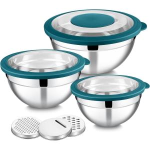 E-far Mixing Bowls Set of 5, Stainless Steel Salad Mixing Bowl with Transparent Lid, Metal Nesting Bowl Attach with 3 Graters for Kitchen Prepping/Serving/Baking/Storage, 4.6/2.6/1.5/1/0.7 QT – Black(Teal Blue)